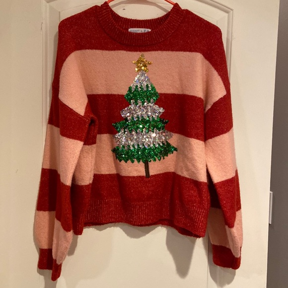 Primark Cares Women’s Sequined Christmas Tree Sweater, pink and red stri… - Picture 3 of 11